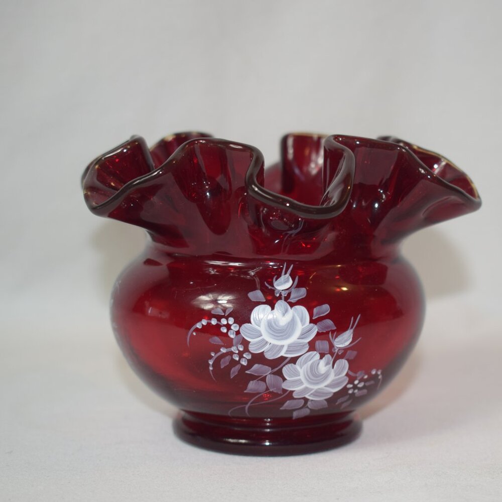 Vintage Fenton Ruby Red Hand Painted 3 inch Ruffle Vase Signed Marilyn